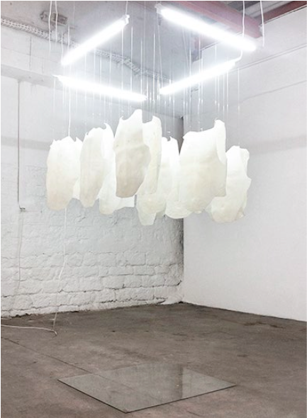 200 x 150 cm Cire, tubes néon, fils nylon, plaque de verre, système interactif, 2011