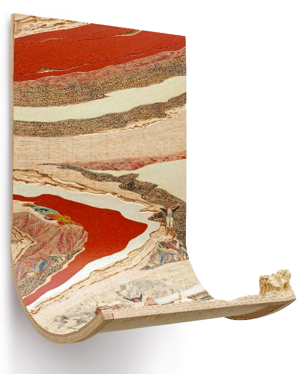 FLOTTER, Ji-Eun Yoon 90 x 59 x 50 cm Crayon de couleur, pyrogravure, acrylique, placage et sculpture sur bois, 2013